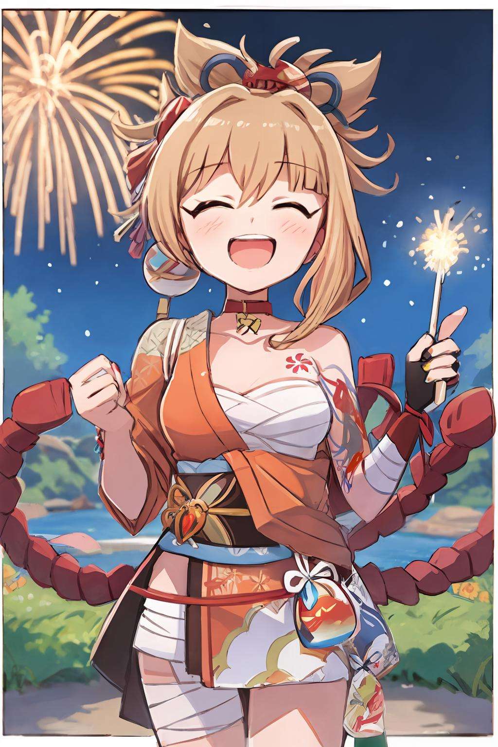 masterpiece, best quality,  <lora:yoimiya:1>,1girl, yoimiya (genshin impact), closed eyes, smile, solo, bandages, japanese clothes, v, fireworks, sarashi, kimono, blonde hair, double v, bandaged leg, gloves, orange kimono, vision (genshin impact), choker, facing viewer, hair ornament, night, sash, sky, fingerless gloves, obi, night sky, bangs, bandaged arm, blush, grin, nail polish, ^_^, ponytail, breasts, rope, tattoo, black gloves, pouch, open mouth, outdoors, cowboy shot, hair between eyes, kinchaku, teeth, single fingerless glove, standing, red nails, shimenawa, hadanugi dousa, chest tattoo, orange nails, red choker, arm tattoo, collarbone, bare shoulders <lora:style05:1>,(chibi:1.2)