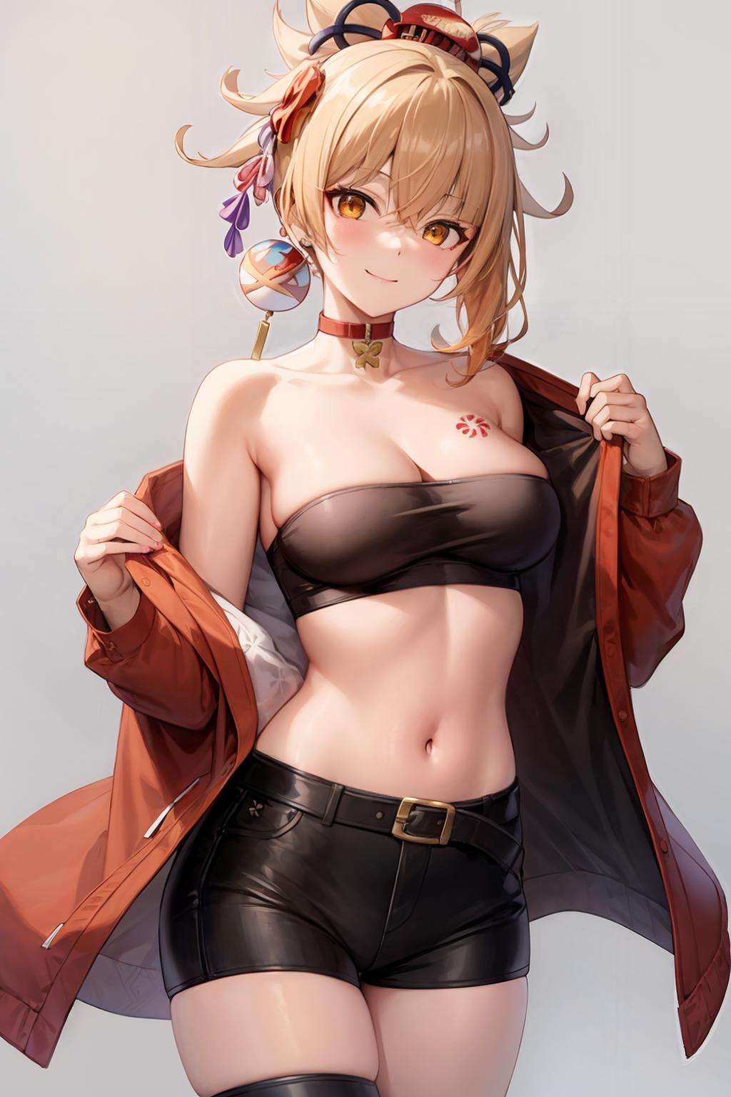 masterpiece, best quality,  <lora:yoimiya:1>,yoimiya (genshin impact), 1girl, solo, breasts, jacket, black pants, looking at viewer, pants, red choker, tattoo, black jacket, cleavage, smile, choker, open jacket, bandages, bare shoulders, thigh strap, blonde hair, sarashi, ponytail, navel, bangs, off shoulder, open clothes, collarbone, long sleeves, hair between eyes, flower tattoo, closed mouth, arm tattoo, orange eyes, grey background, cowboy shot, standing, medium breasts, midriff, alternate costume, blush, chest tattoo, chest sarashi, belt, large breasts, stomach, hair ornament, breast tattoo, yellow eyes, white background, tube top, single bare shoulder, thighs, black belt, orange hair, ribbon, long hair, head tilt, single thighhigh, single pantsleg, bandaged leg