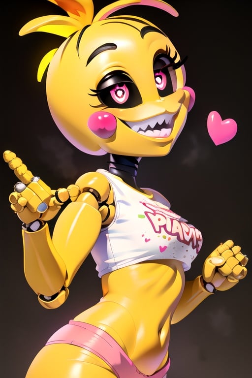 (masterpiece, best_quality:1.2) four fingers, antenna hair, bald spot, black eyes, simple_background, black background, clothes writing (let´s party), white bib, colored skin, yellow skin, colored sclera, crop top, good hands, joints, medium breasts, pink panties, shirt, solo, symbol-shaped pupils. teeth, underwear, v, Toy Chica