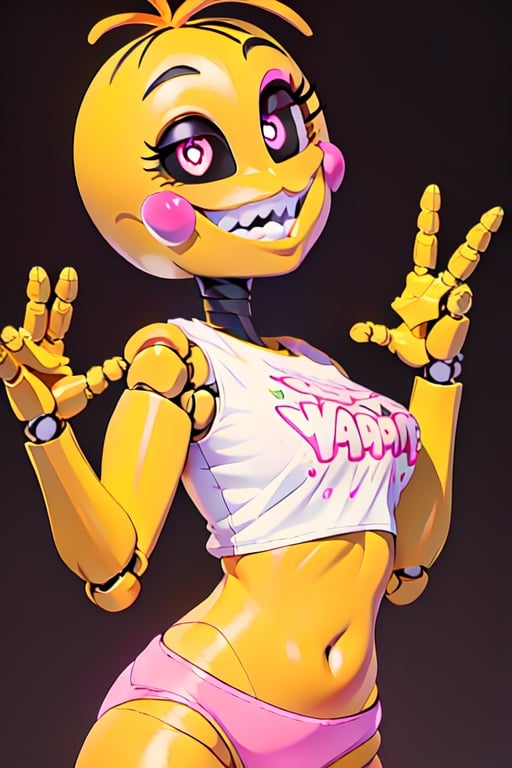 (masterpiece, best_quality:1.2) antenna hair, bald spot, black eyes, simple_background, black background, clothes writing (let´s party), white bib, colored skin, yellow skin, colored sclera, crop top, good hands, joints, medium breasts, pink panties, shirt, solo, symbol-shaped pupils. teeth, underwear, v, Toy Chica