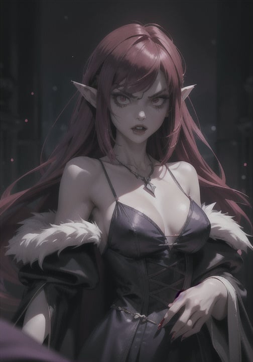 1girl, photo upper body of lenorecastlevania, vampire long fang sharp, angry, pale skin, sharp nails, long violet red hair, white fur robe, necklace, pointy ears, dark blue silk long dress, bokeh, dim light, horror \(theme\), candlelight, bokeh background, gothic bedroom,   