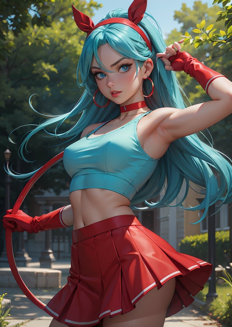 masterpiece, best quality, highest quality, photorealistic, perfect anatomy, perfect face, perfect eyes, , aqua hair, brabulladbgt, red hairband, red gloves, red crop top, blue eyes, skirt, hoop earrings, choker, 1girl, outdoors, sexy pose