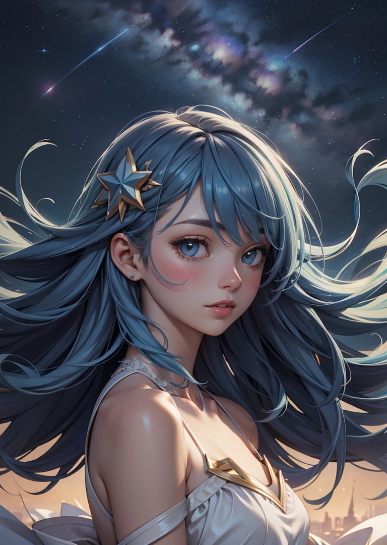 Delicate Composition, hyper detailed, best quality, 1 girl, solo, stars in hair, messy floating hair, colored inner hair, Starry sky adorns hair
