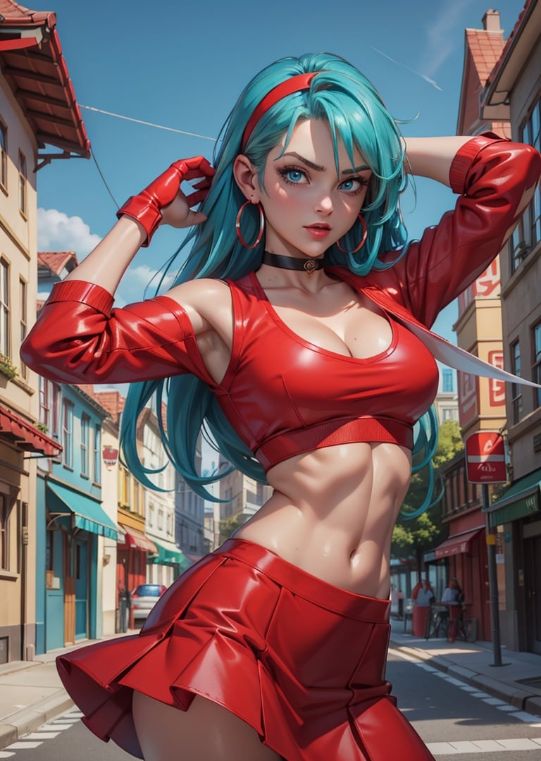 masterpiece, best quality, highest quality, photorealistic, perfect anatomy, perfect face, perfect eyes, , aqua hair, brabulladbgt, red hairband, red gloves, red crop top, blue eyes, skirt, hoop earrings, choker, 1girl, outdoors, sexy pose