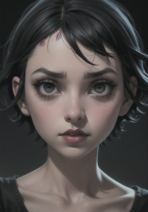 TimBurton Animation, 1girl, solo, blurry, blurry background, black hair, wide-eyed, short hair, horror \(theme\), lips, dark, makeup, portrait, black eyes