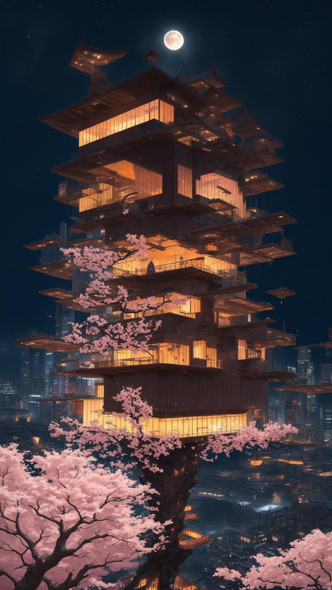 sky city,building floating on air,waterfall  , (((masterpiece,best quality))),((good structure,Good composition,good atomy)), ((clear, original,beautiful)),see color,night,moon,pink Cherry blossom tree In the city