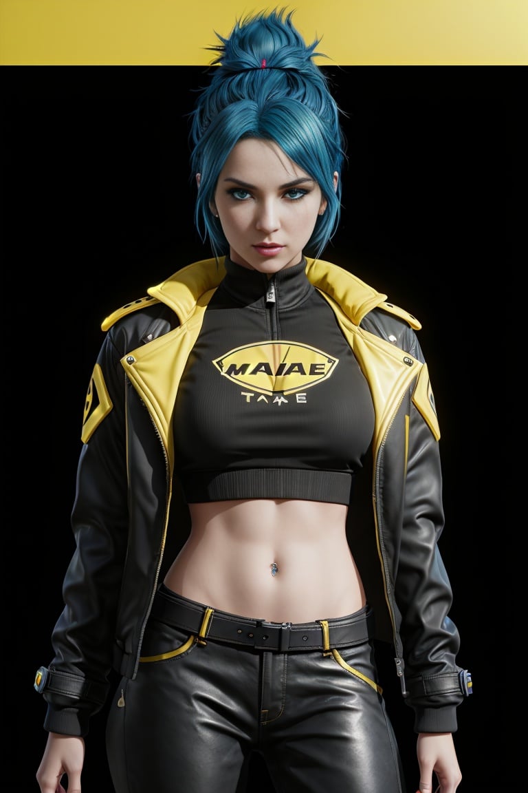 mjgrt, a woman with blue hair and a black top and a black jacket and a yellow and yellow background with a black and yellow background, by Terada Katsuya, unreal engine, raytracing, dslr, post-processing, max detail, massive scale, studio lighting, digital painting, digital art, digital, 