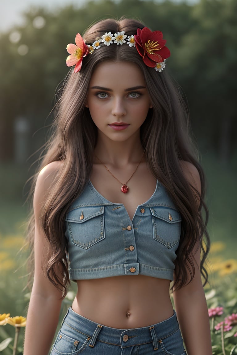 mjgrt, 1girl, blurry, blurry_background, crop_top, denim, denim_shorts, flower, hair_flower, hair_ornament, lips, long_hair, looking_at_viewer, midriff, navel, photorealistic, realistic, red_flower, short_shorts, shorts, solo, 