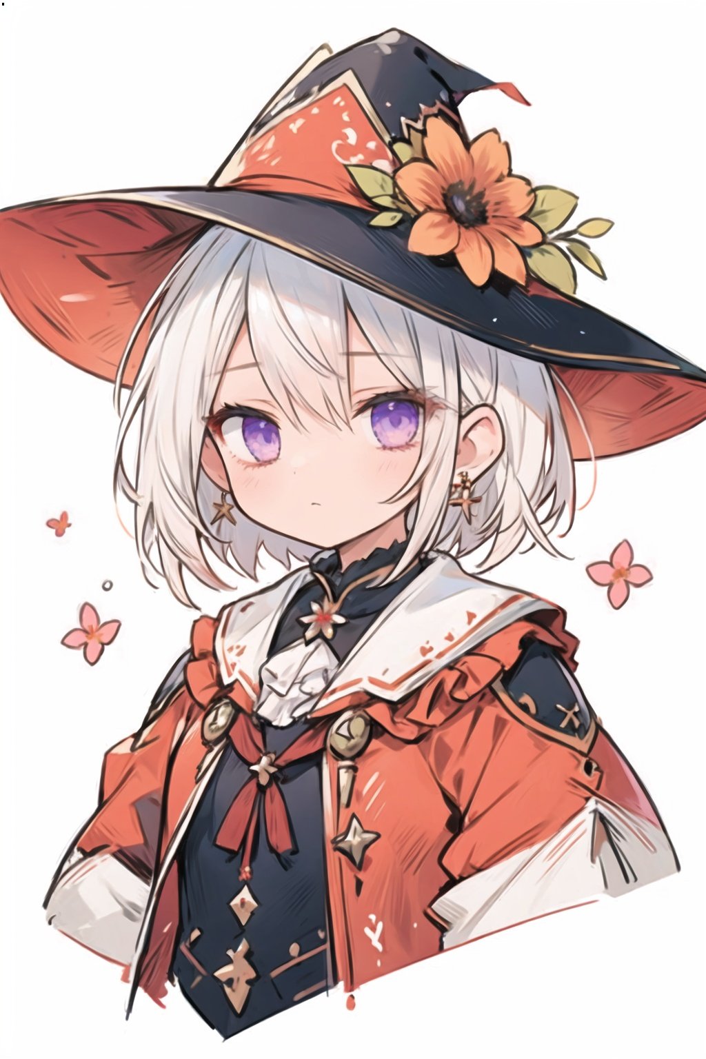 quality_best,style_onineko,(Distinct pupils)(Clear eyes),wizard hat,1girl,solo,c,earrings,looking at viewer,flower,short hair,bangs,closed mouth,simple background,black headwear,white background,red flower,upper body,white hair,hair intakes,frills,purple eyes,hair ornament,expressionless,hat flower,eyelashes,best quality,<lyco:[LoHa]style_onineko_v2:0.6>,<lora:bdsqlsz:0.6>,