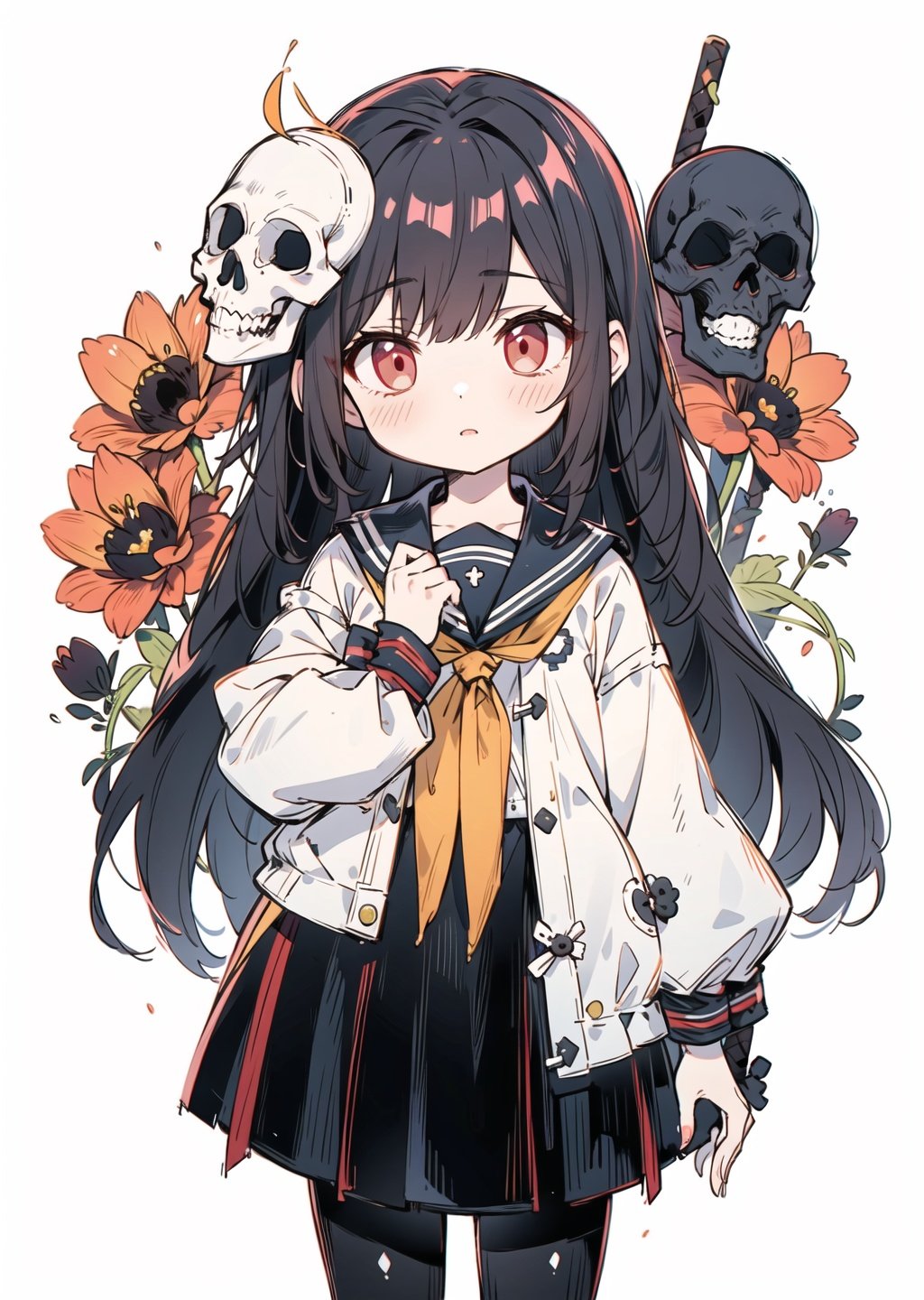 flat color,limited palette,low contrast,1girl,serafuku,long straight black hair,lycoris flower,skull mask,(yellow, white),