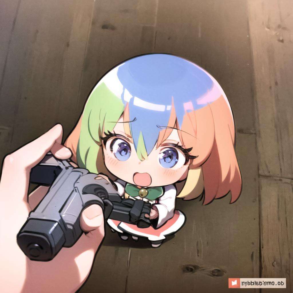 godoacrime, from above, chibi, pov, holding gun, chrome-chan <lora:GoDoACrime meme:1> <lora:Chrome-ChanV39-55:1>