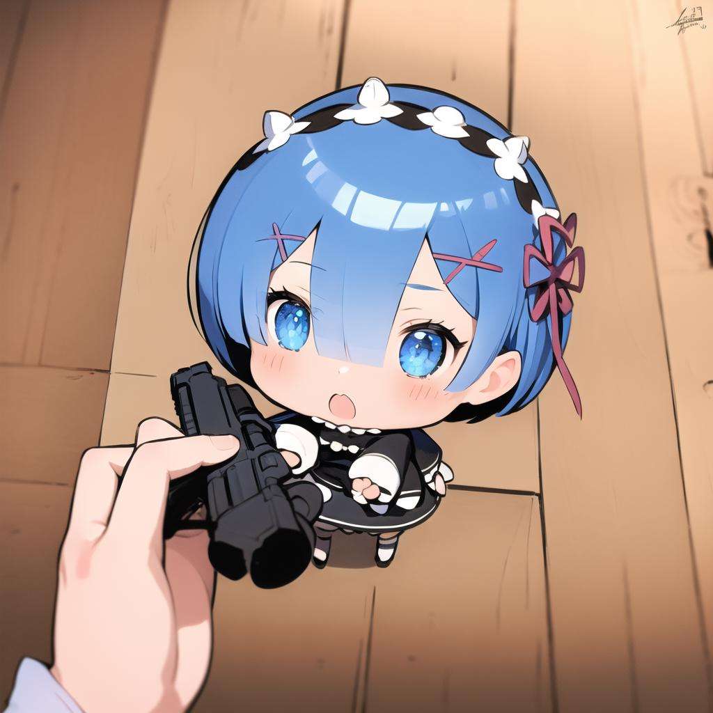 masterpiece, best quality, godoacrime, from above, chibi, pov, holding gun, rem <lora:GoDoACrime meme:1> <lora:Rezero World_204380:1>