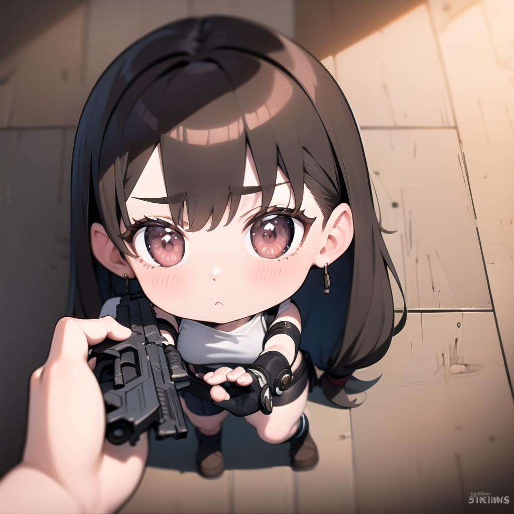 masterpiece, best quality, godoacrime, from above, chibi, pov, holding gun, tifa <lora:GoDoACrime meme:1> <lora:FF7 _275924:1>