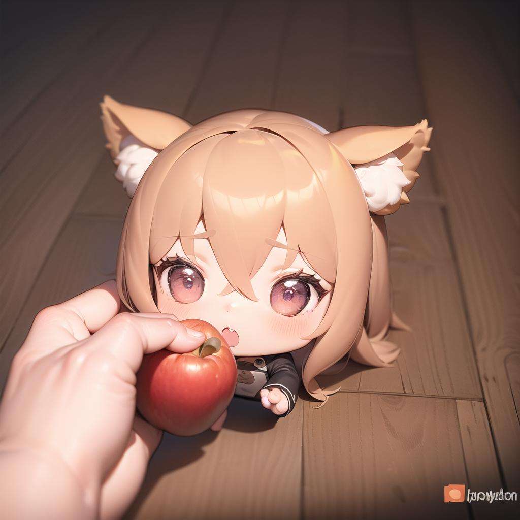 godoacrime, from above, chibi, pov, holding apple, holo <lora:GoDoACrime meme:1> <lora:Holo_841507:1>