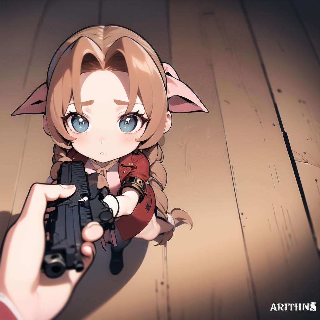 masterpiece, best quality, godoacrime, from above, chibi, pov, holding gun, aerith <lora:GoDoACrime meme:1> <lora:FF7 _275924:1>