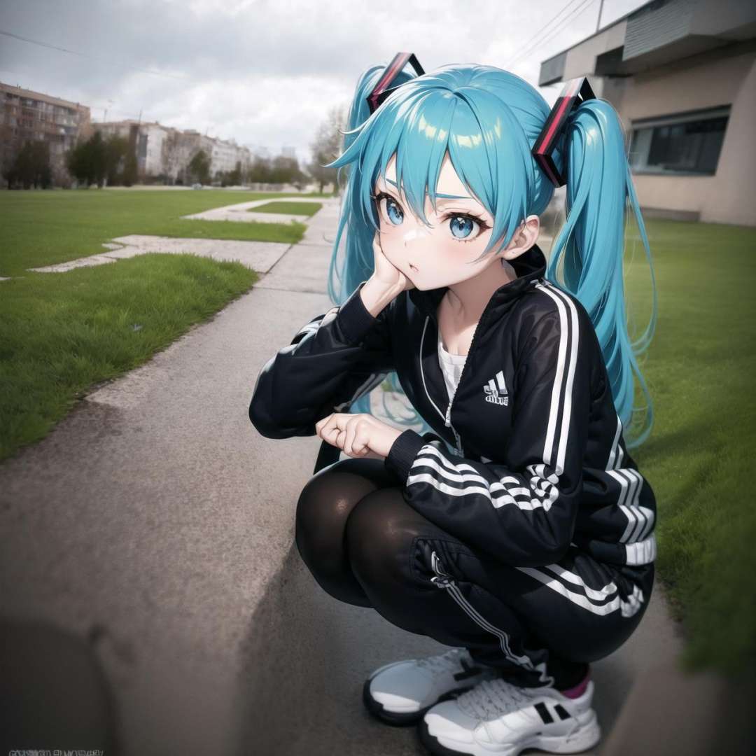 (anime irl:1.3), 1girl, miku, adidas, black tracksuit, striped, squatting <lora:Anime IRL Russia_633570:1.25> <lora:Hatsune Miku_558094:1>