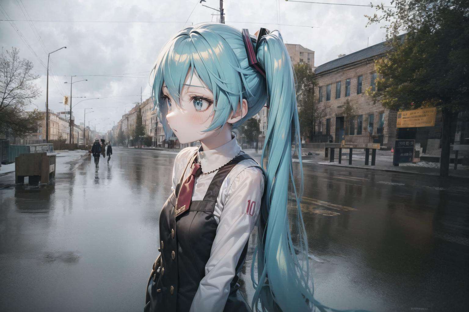 (anime irl:1.3), 1girl,, miku, window, rain, monochromem building, village <lora:Anime IRL Russia_633570:1.25> <lora:Hatsune Miku_558094:1>