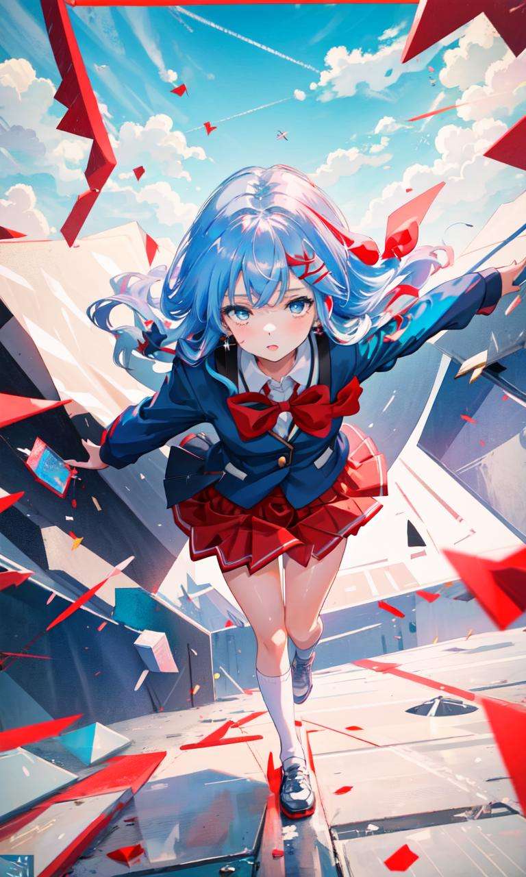 <lora:FumioTest2:1>, 1girl, school uniform, red and blue skirt, blue hair, red ribbon, <lora:DreamArtV1.3:0.5>, fly in direction of viewer, white floor, rushing in direction of the viewer, looking at viewer, falling, 