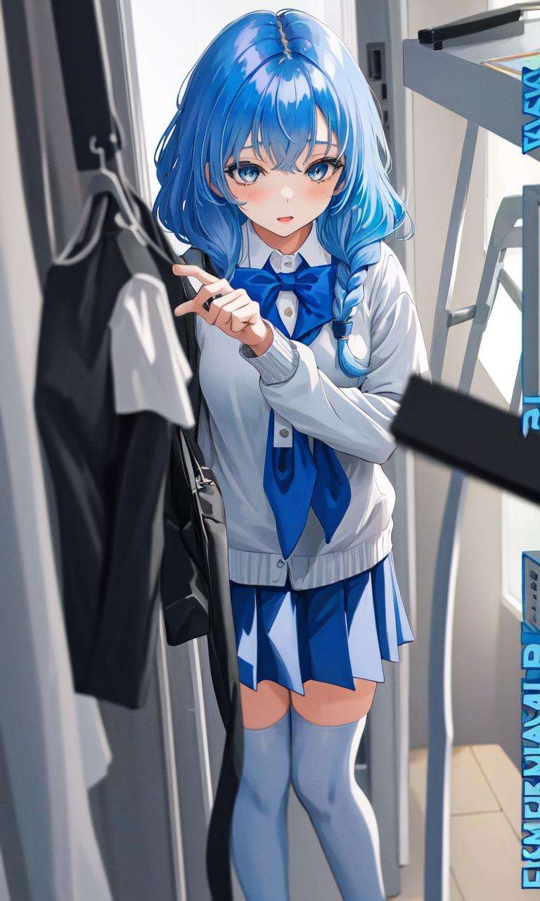 <lora:FumioTest2:1>, 1girl, blue hair, school uniform, simple background, 