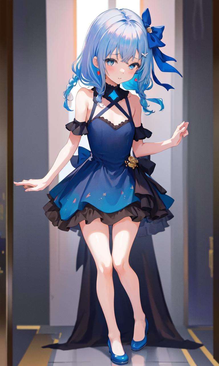 <lora:FumioTest2:1>, 1girl, small dress, blue hair, full body, 