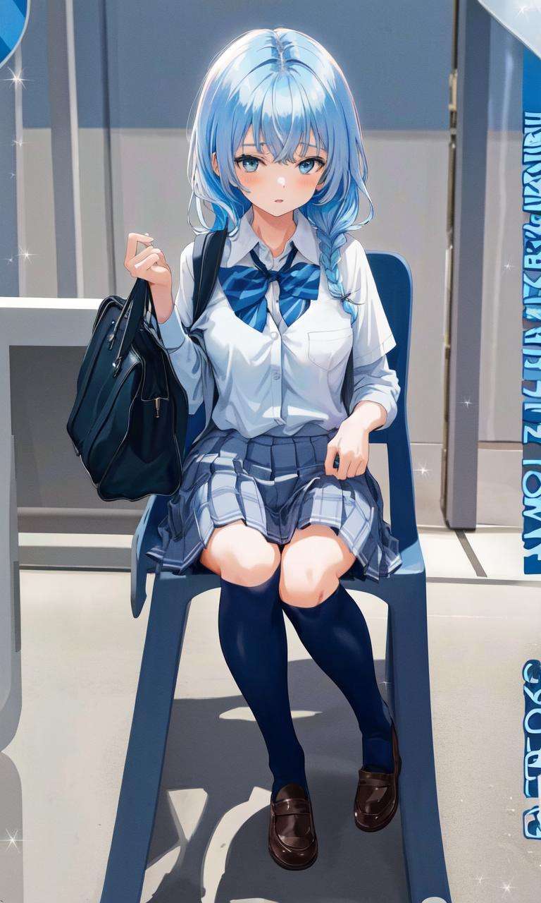 <lora:FumioTest2:1>, 1girl, blue hair, school uniform, simple background, 