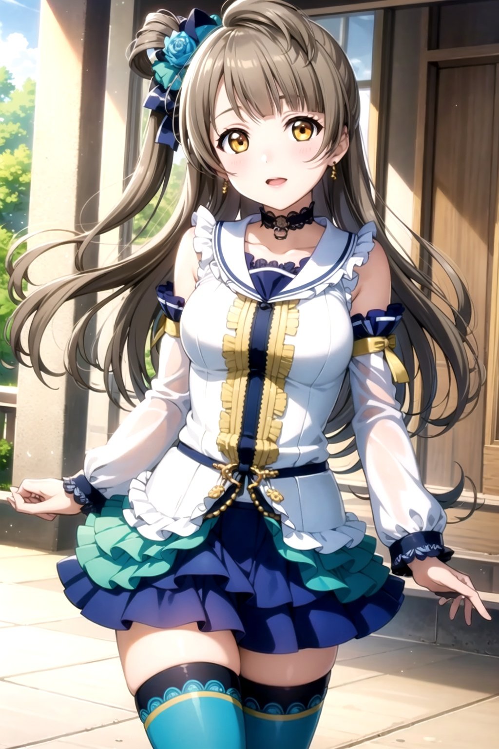 (masterpiece, best quality, ultra-detailed), (illustration), (beautiful detailed eyes), 1girl, solo, minami kotori, light brown hair, yellow eyes, long hair, <lora:KotoriLL_v1.1:0.55>, shirt, thighhighs, bow, collarbone, hair bow, detached sleeves, zettai ryouiki, blue thighhighs, layered skirt