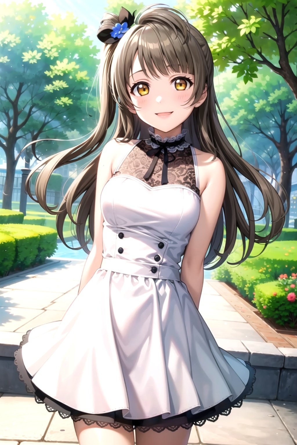 (masterpiece, best quality, ultra-detailed), (illustration), (beautiful detailed eyes), 1girl, solo, minami kotori, light brown hair, yellow eyes, long hair, <lora:KotoriLL_v1.1:0.55>, dress, outdoors, smile, arms behind back, cowboy shot, 