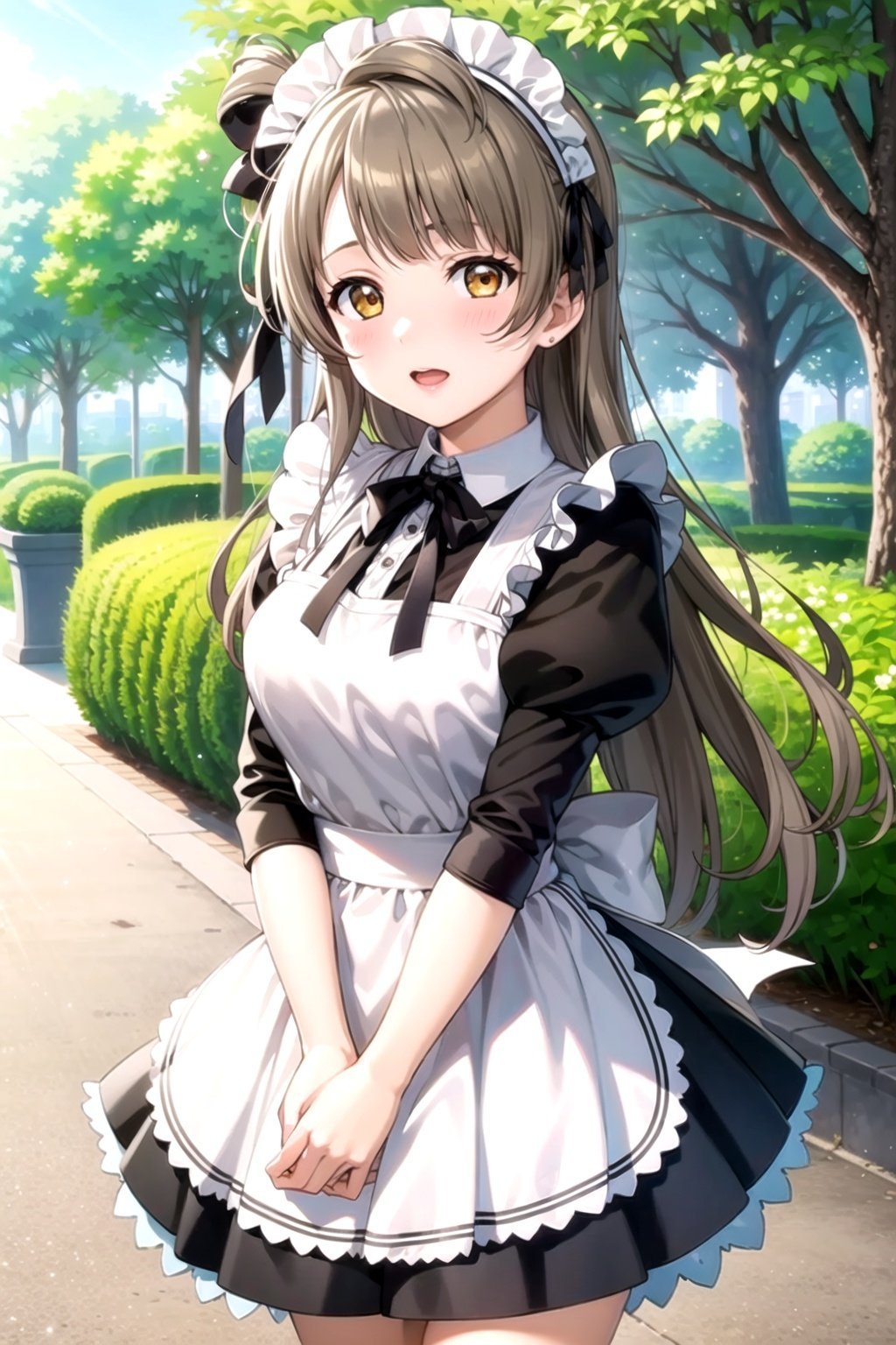 (masterpiece, best quality, ultra-detailed), (illustration), (beautiful detailed eyes), 1girl, solo, minami kotori, light brown hair, yellow eyes, long hair, <lora:KotoriLL_v1.1:0.55>, maid, maid headdress, cowboy shot, outdoors, closed mouth, blush, 