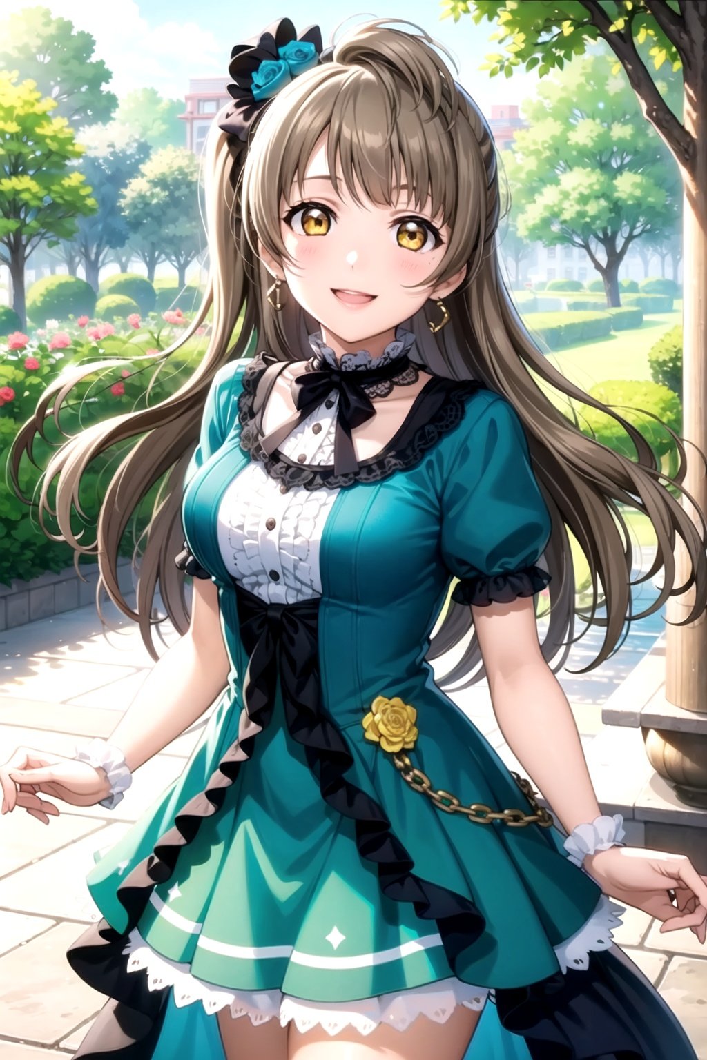 (masterpiece, best quality, ultra-detailed), (illustration), (beautiful detailed eyes), 1girl, solo, minami kotori, light brown hair, yellow eyes, long hair, <lora:KotoriLL_v1.1:0.55>, green dress, outdoors, smile, cowboy shot, 