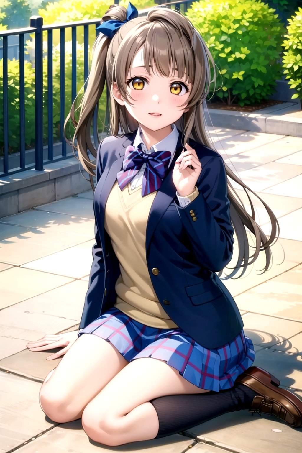 (masterpiece, best quality, ultra-detailed), (illustration), (beautiful detailed eyes), 1girl, solo, minami kotori, light brown hair, yellow eyes, long hair, <lora:KotoriLL_v1.1:0.55>, otonokizaka school uniform, blue jacket, white shirt, striped bowtie, pleated skirt, blue skirt, socks, outdoors, full body,