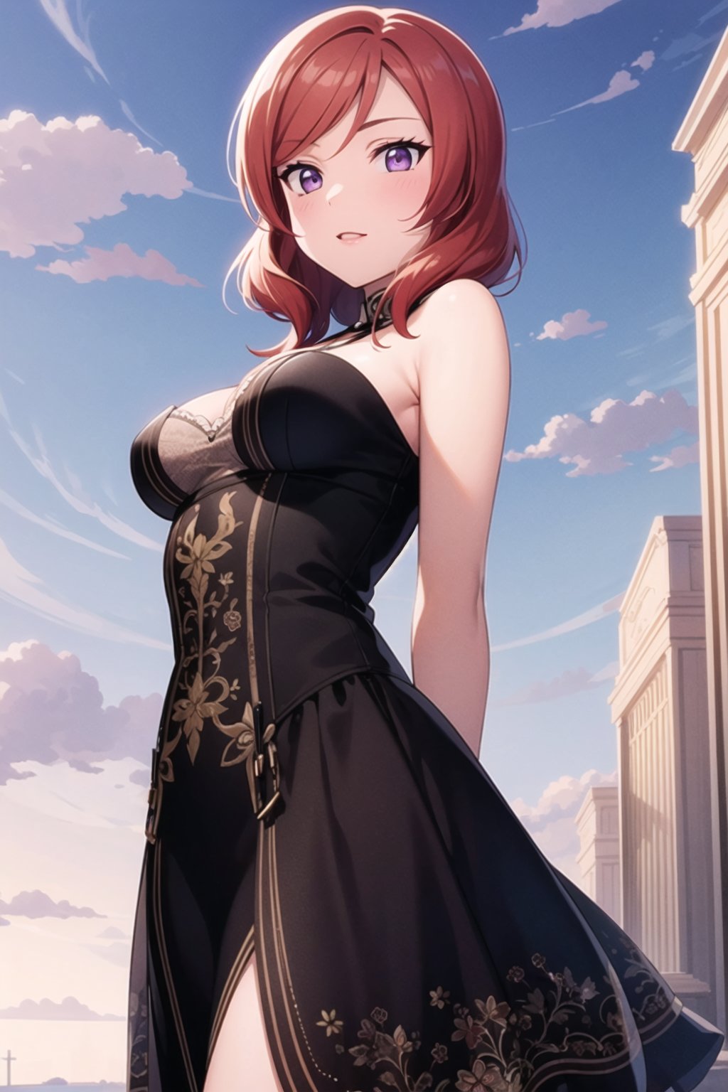 (masterpiece, best quality, ultra-detailed), (illustration), (beautiful detailed eyes), (1girl), (solo), nishikino maki, purple eyes, dress, outdoors, standing, arms behind back, 