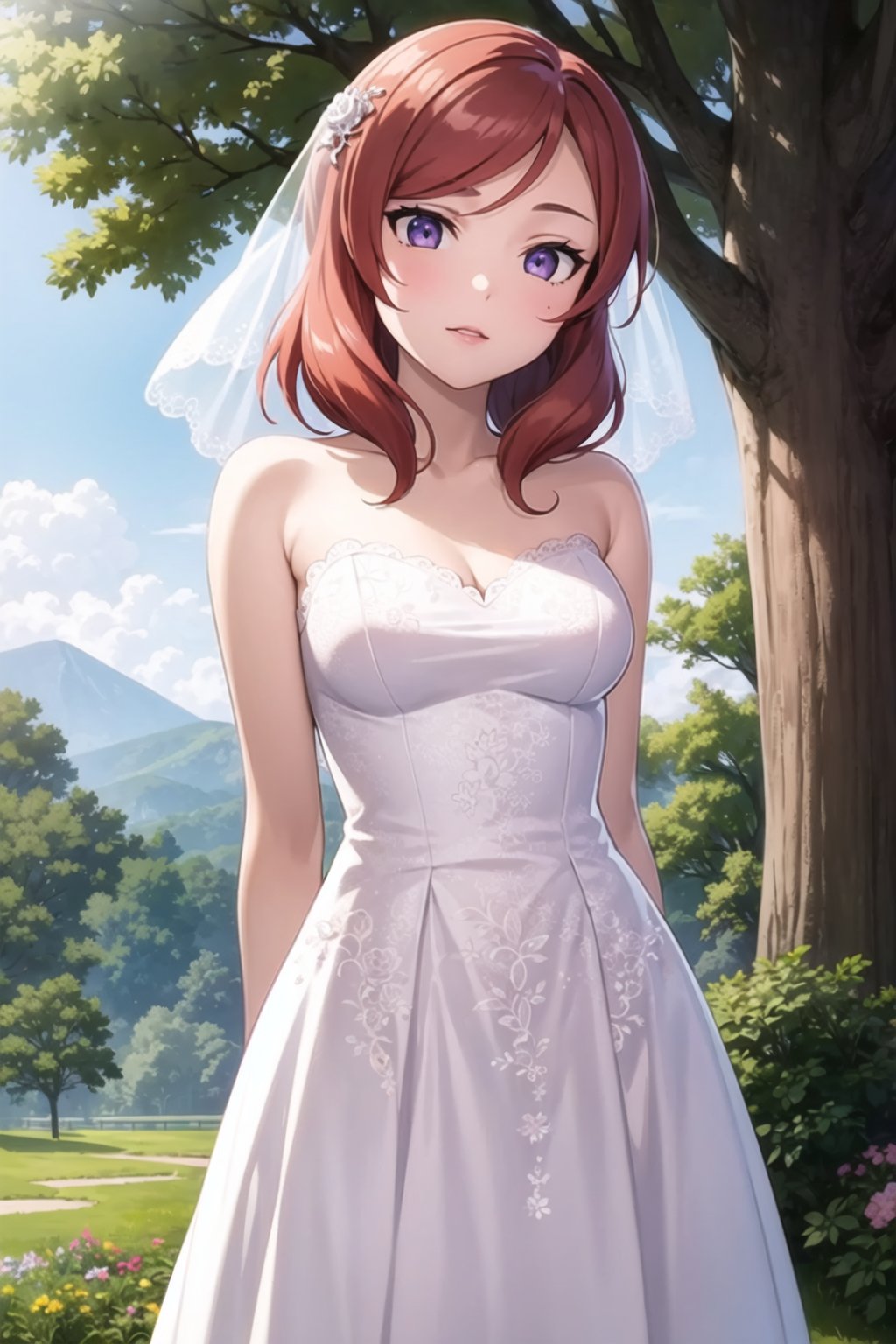 (masterpiece, best quality, ultra-detailed), (illustration), (beautiful detailed eyes), (1girl), (solo), nishikino maki, purple eyes, wedding dress, outdoors, standing, arms behind back, 