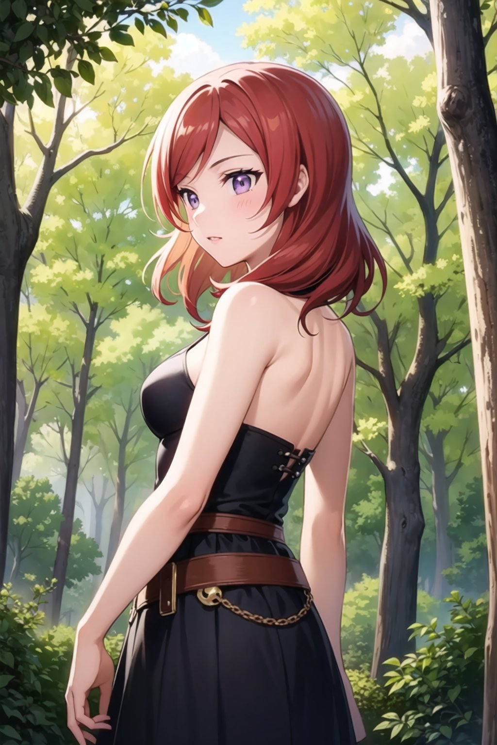 (masterpiece, best quality, ultra-detailed), (illustration), (beautiful detailed eyes), (1girl), (solo), nishikino maki, purple eyes, from side, looking away, cowboy shot, outdoors, greenary, depth of field, 