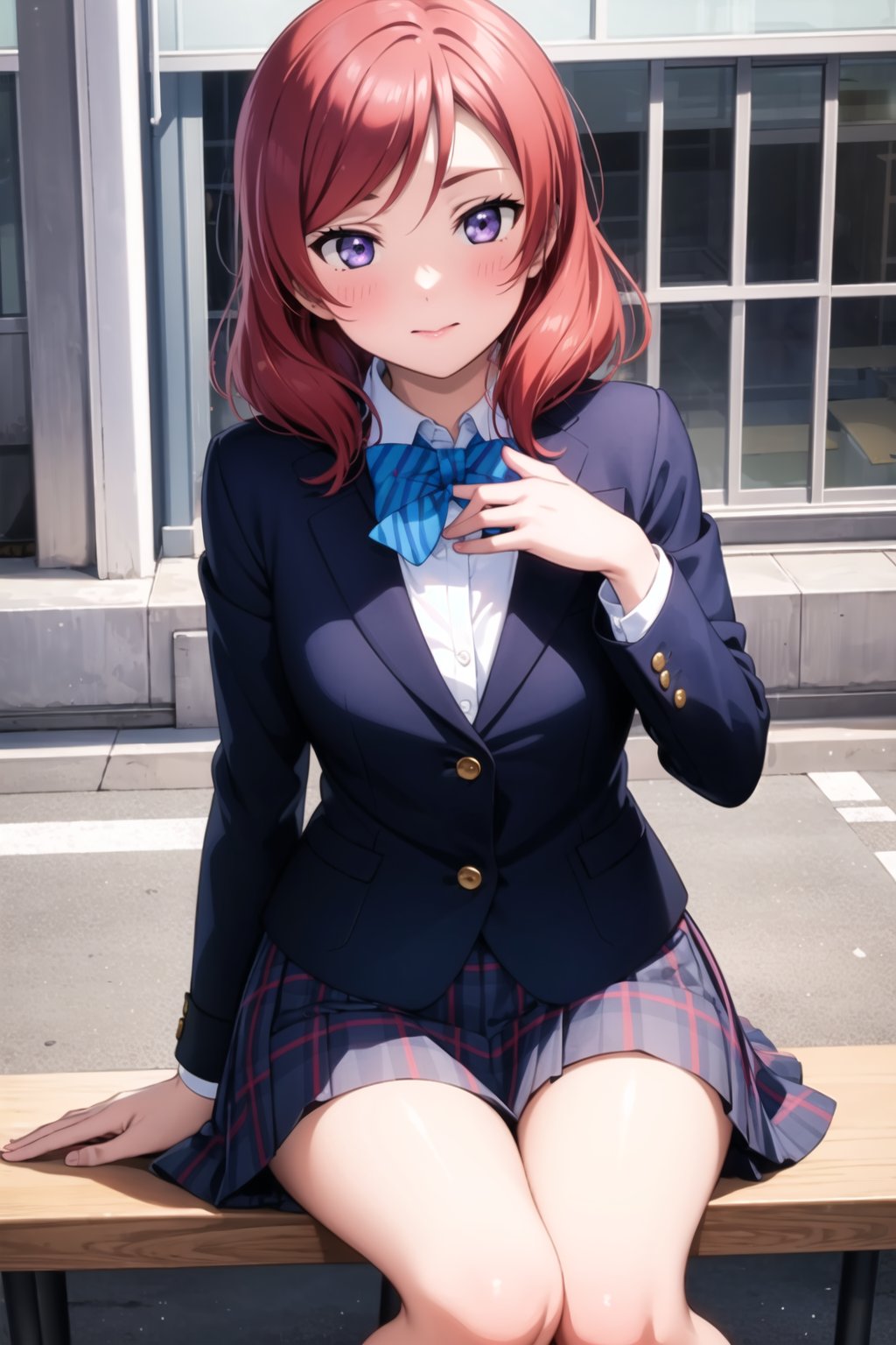 (masterpiece, best quality, ultra-detailed), (illustration), (beautiful detailed eyes), (1girl), (solo), nishikino maki, purple eyes, blush, skirt, bow, sitting, jacket, red hair, bowtie, blue bow, blazer, winter uniform, blue bowtie, otonokizaka school uniform, outdoors, 