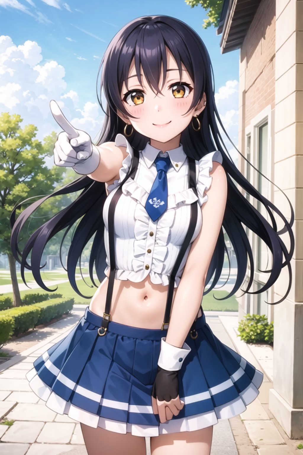 (masterpiece, best quality, ultra-detailed), (illustration), (beautiful detailed eyes), (1girl), (solo), sonoda umi, blue hair, yellow eyes,  <lora:UmiLL_v1:0.5>, long hair, looking at viewer, blush, smile, skirt, shirt, gloves, bow, navel,  jewelry, white shirt, cowboy shot, earrings, frills, necktie, sleeveless, fingerless gloves, suspenders, pointing, blue necktie, bokura wa ima no naka de