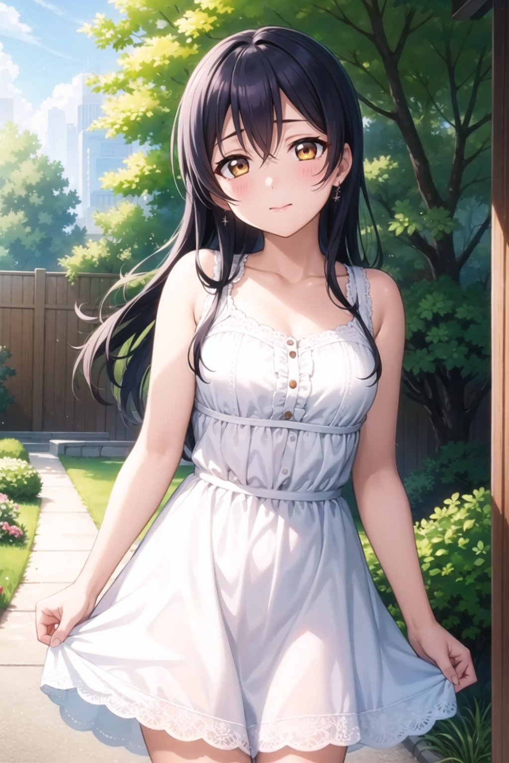 (masterpiece, best quality, ultra-detailed), (illustration), (beautiful detailed eyes), (1girl), (solo), sonoda umi, blue hair, yellow eyes,  <lora:UmiLL_v1:0.5>, dress, outdoors, closed mouth, blush, cowboy shot,  