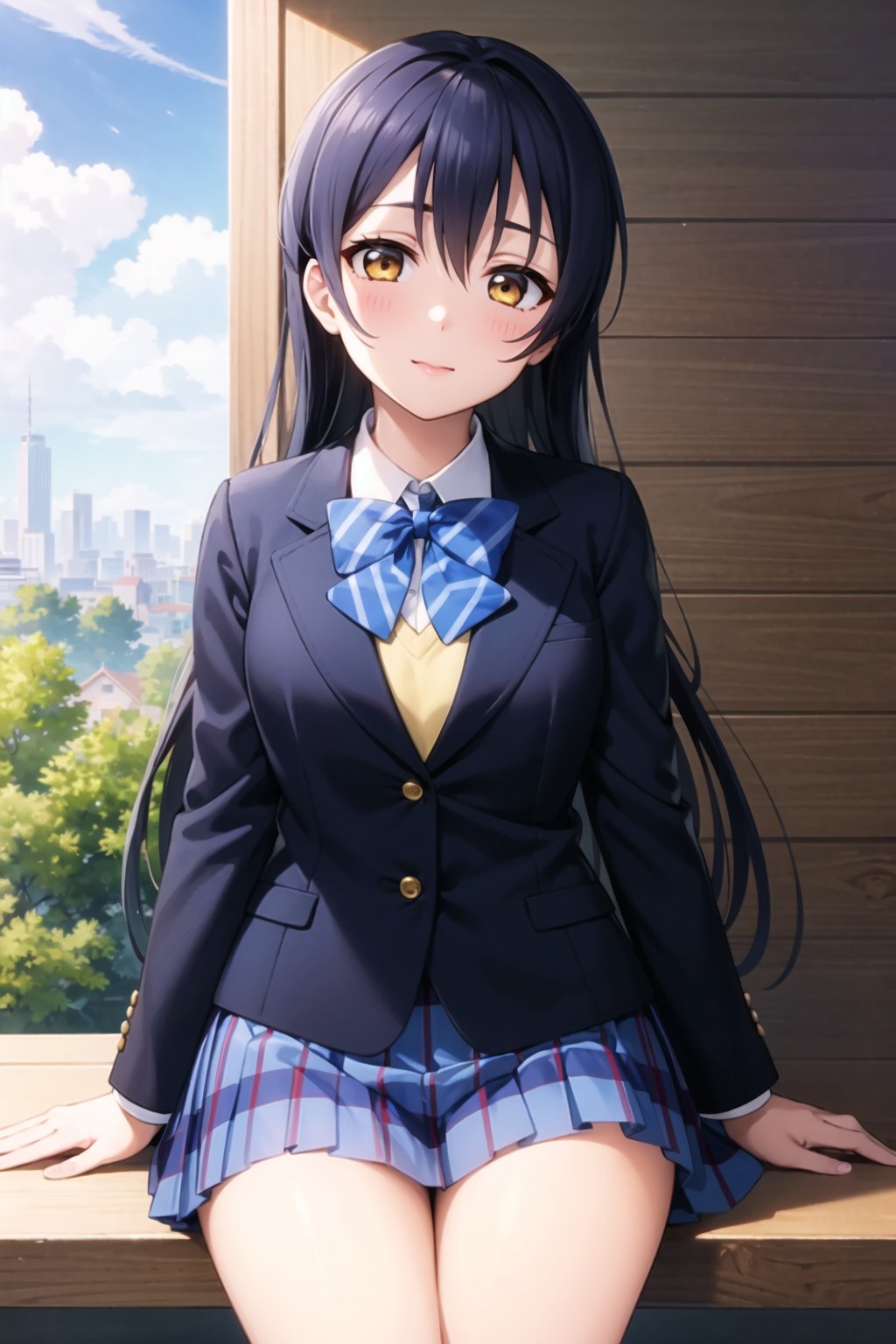 (masterpiece, best quality, ultra-detailed), (illustration), (beautiful detailed eyes), (1girl), (solo), sonoda umi, blue hair, yellow eyes,  <lora:UmiLL_v1:0.5>, skirt, sitting, jacket, blue bow, blazer, winter uniform, blue bowtie, otonokizaka school uniform, outdoors,