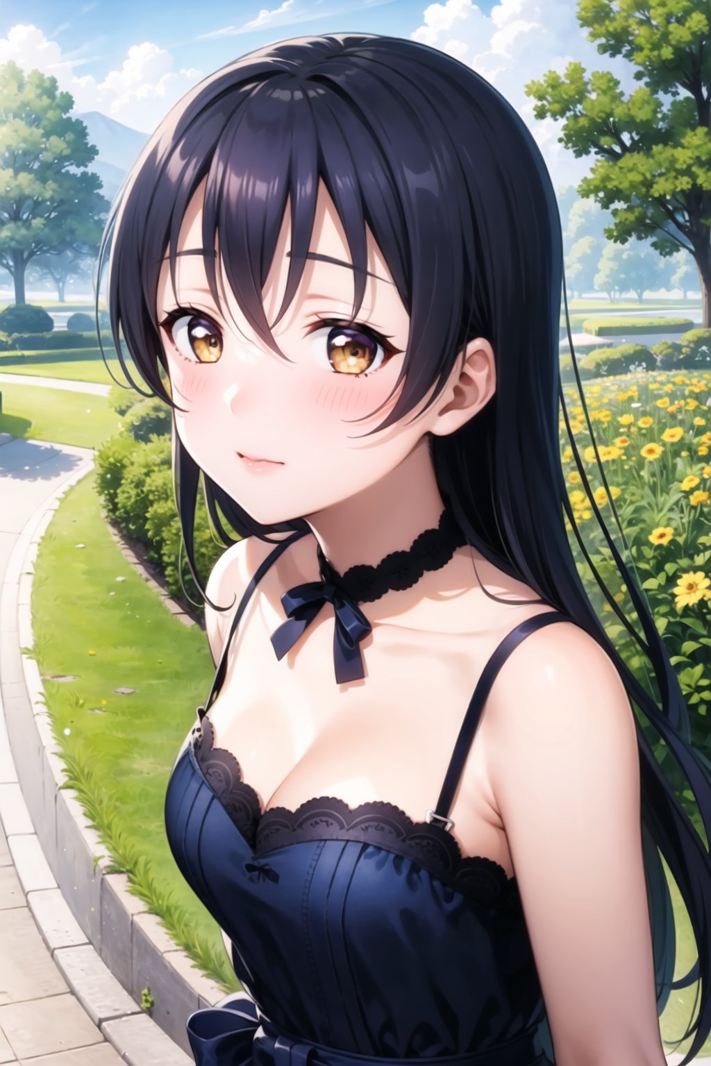 (masterpiece, best quality, ultra-detailed), (illustration), (beautiful detailed eyes), (1girl), (solo), sonoda umi, blue hair, yellow eyes,  <lora:UmiLL_v1:0.5>, dress, outdoors, closed mouth, blush, 