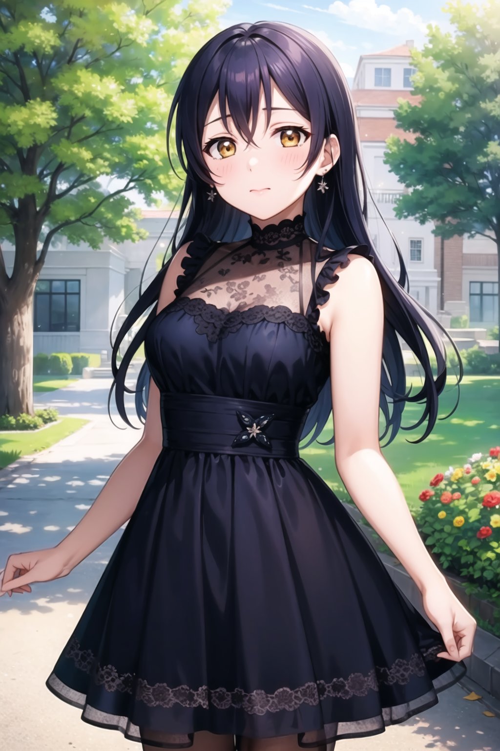 (masterpiece, best quality, ultra-detailed), (illustration), (beautiful detailed eyes), (1girl), (solo), sonoda umi, blue hair, yellow eyes,  <lora:UmiLL_v1:0.5>, dress, outdoors, closed mouth, blush, cowboy shot,  