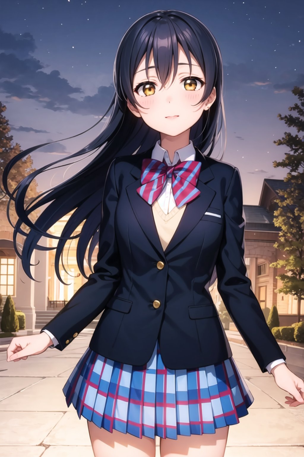 (masterpiece, best quality, ultra-detailed), (illustration), (beautiful detailed eyes), (1girl), (solo), sonoda umi, blue hair, yellow eyes,  <lora:UmiLL_v1:0.5>, jacket, yellow eyes, red bow, blazer, red bowtie,  striped bow, winter uniform, otonokizaka school uniform, striped bowtie