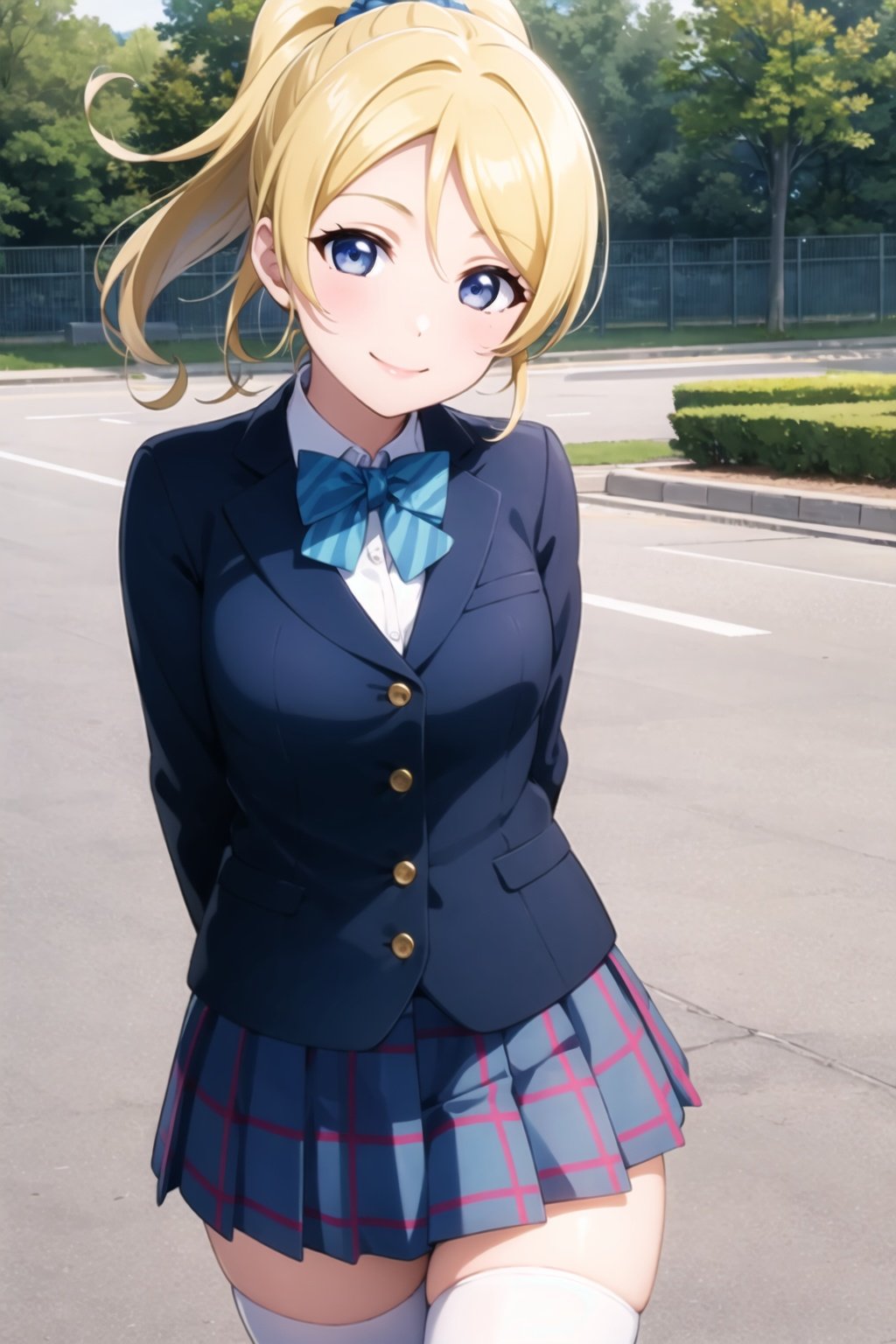 (masterpiece, best quality, ultra-detailed), (illustration), (beautiful detailed eyes), (1girl), (solo),  ayase eli, blue eyes, ponytail, blonde hair, white scrunchie, <lora:EliAyaseLL_v1:0.55>, looking at viewer, otonokizaka school uniform,  long sleeves, white shirt, blue jacket, striped bowtie, green bowtie, pleated skirt, thighhighs, outdoors, arms behind back, smile, 