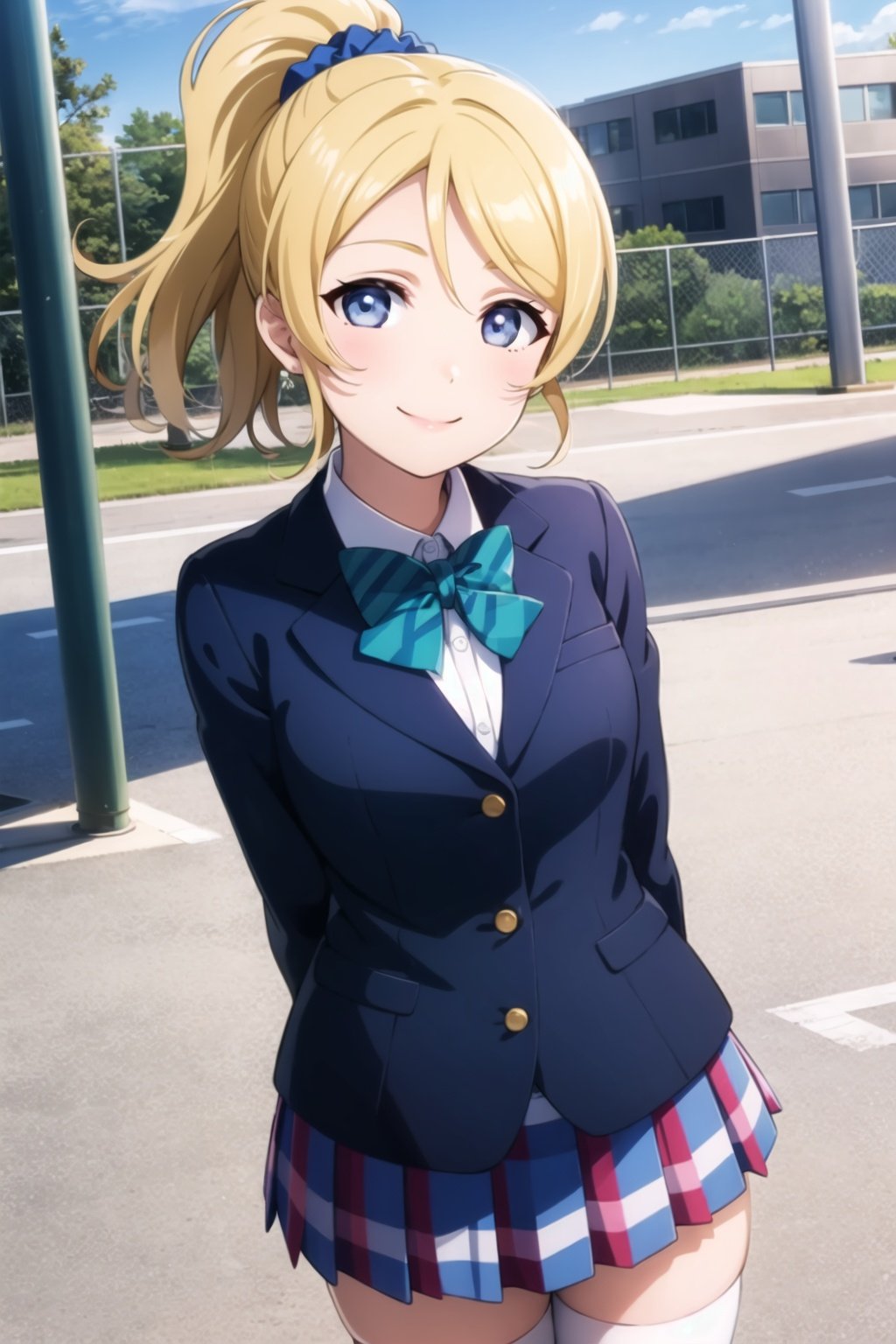 (masterpiece, best quality, ultra-detailed), (illustration), (beautiful detailed eyes), (1girl), (solo),  ayase eli, blue eyes, ponytail, blonde hair, white scrunchie, <lora:EliAyaseLL_v1:0.55>, looking at viewer, otonokizaka school uniform,  long sleeves, white shirt, blue jacket, winter uniform, striped bowtie, green bowtie, pleated skirt, thighhighs, outdoors, arms behind back, smile, 