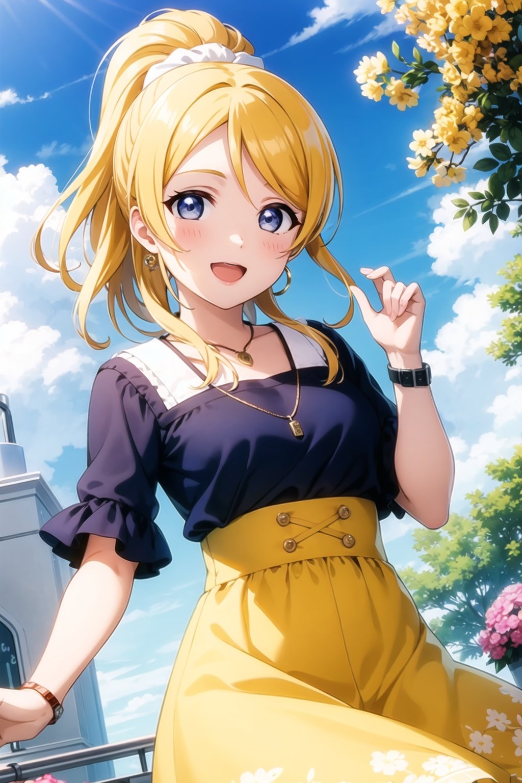 (masterpiece, best quality, ultra-detailed), (illustration), (beautiful detailed eyes), (1girl), (solo),  ayase eli, blue eyes, ponytail, blonde hair, white scrunchie, <lora:EliAyaseLL_v1:0.55>, long hair, looking at viewer, blush, smile, open mouth, bangs, skirt, shirt, hair ornament, jewelry, collarbone, flower, short sleeves, outdoors, sky, day, cloud, necklace, blue sky, floral print, watch, yellow flower, wristwatch, yellow skirt