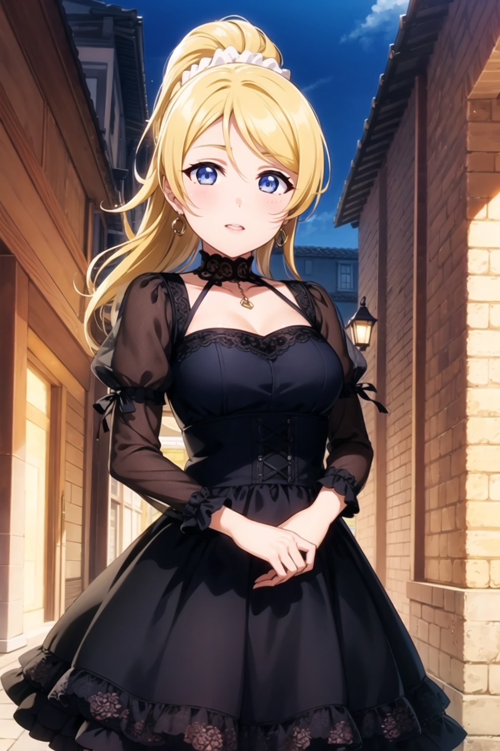 (masterpiece, best quality, ultra-detailed), (illustration), (beautiful detailed eyes), (1girl), (solo),  ayase eli, blue eyes, ponytail, blonde hair, white scrunchie,  <lora:EliAyaseLL_v1:0.55>, black dress, gothic, jewelry, earrings,  outdoors, 