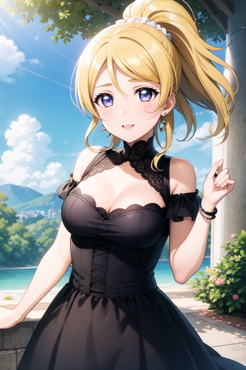 (masterpiece, best quality, ultra-detailed), (illustration), (beautiful detailed eyes), (1girl), (solo),  ayase eli, blue eyes, ponytail, blonde hair, white scrunchie,  <lora:EliAyaseLL_v1:0.55>, black dress, gothic, jewelry, earrings,  outdoors, 