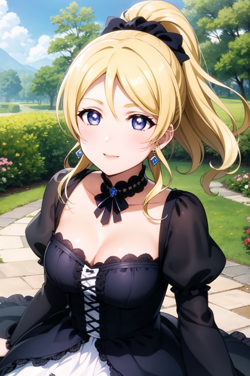 (masterpiece, best quality, ultra-detailed), (illustration), (beautiful detailed eyes), (1girl), (solo),  ayase eli, blue eyes, ponytail, blonde hair, white scrunchie,  <lora:EliAyaseLL_v1:0.55>, black dress, gothic, jewelry, earrings,  outdoors, 