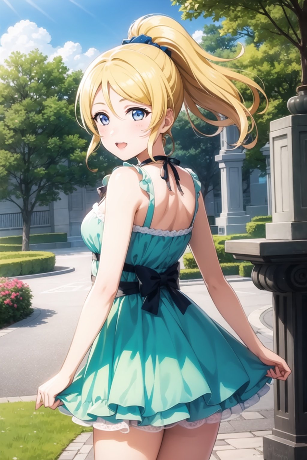 (masterpiece, best quality, ultra-detailed), (illustration), (beautiful detailed eyes), (1girl), (solo),  ayase eli, blue eyes, ponytail, blonde hair, white scrunchie,  <lora:EliAyaseLL_v1:0.55>, dress, outdoors, from behind, 