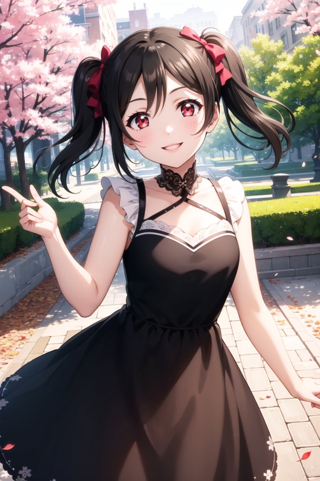 (masterpiece, best quality, ultra-detailed), (illustration), (beautiful detailed eyes), (1girl), (solo), yazawa nico, twintails, (red eyes), black hair, hair bow, single sidelock, <lora:NicoLL_v1:0.5>, dress, outdoors, greenary, depth of field, falling leaves, looking at viewer, smile, 