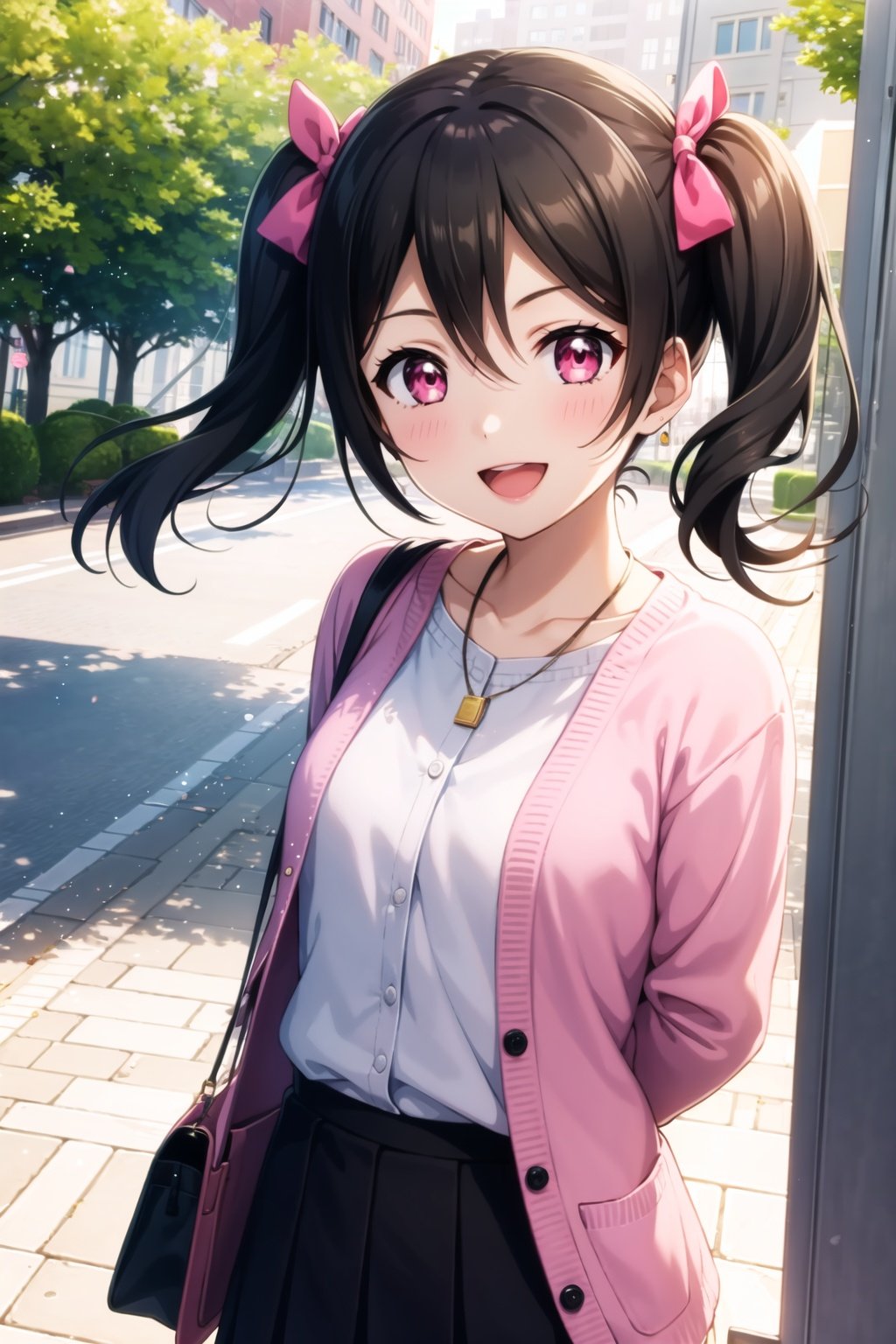 (masterpiece, best quality, ultra-detailed), (illustration), (beautiful detailed eyes), (1girl), (solo), yazawa nico, twintails, red eyes, black hair, hair bow, single sidelock, <lora:NicoLL_v1:0.5>, looking at viewer, blush, smile, open mouth, skirt, shirt,long sleeves, hair between eyes, jewelry, collarbone, white shirt, :d, outdoors, open clothes, black skirt, necklace, bag, sweater, arms behind back, cardigan, handbag, open cardigan, pink sweater, pink cardigan