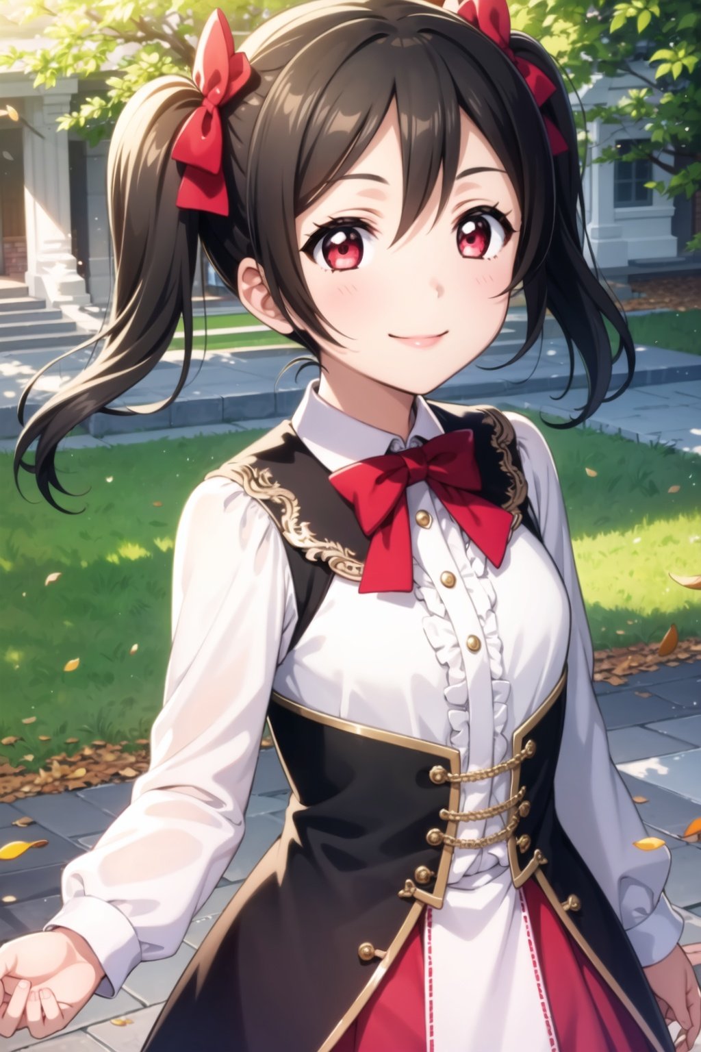 (masterpiece, best quality, ultra-detailed), (illustration), (beautiful detailed eyes), (1girl), (solo), yazawa nico, twintails, (red eyes), black hair, hair bow, single sidelock, <lora:NicoLL_v1:0.5>, dress, outdoors, greenary, depth of field, falling leaves, looking at viewer, smile, 